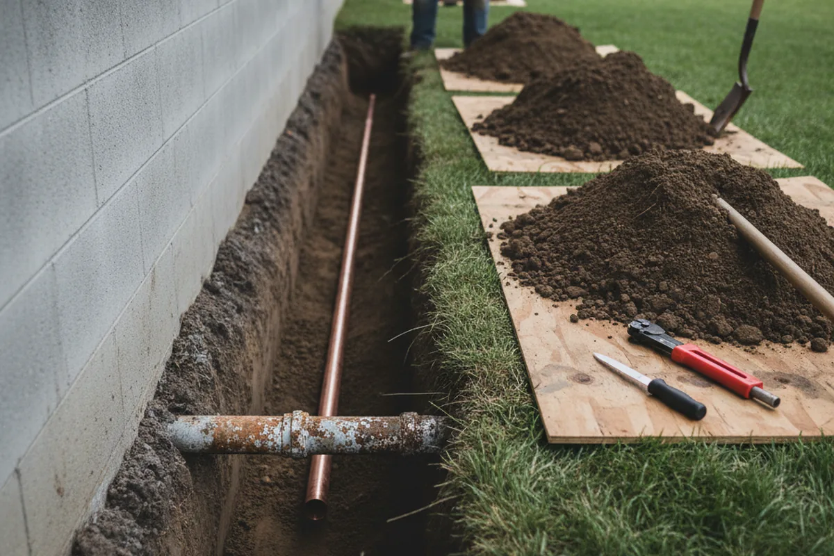 Excavated water line trench during Water Softener Installation in Wheaton